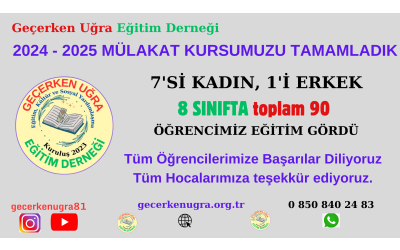 2024 - 2025 Yılı 100 günlük Mülakat Kursumuzu tamamladık. 7’si Kadın 1’i Erkek 8 sınıfımızda toplamda 90 öğrencimiz eğitim gördü.