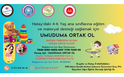 Iban :TR88 0001 0002 6197 7738 7050 02 Hesap adı: Umuduma ortak ol Deprem bölgesindeki 4-6 yaş anasınıflarına oyuncak kitap bilgisayar gibi eğitim ve materyal desteği sağlamak için umuduma ortak ol adlı bir yardım kampanyası başlattık Sizleri "UMUDUMA ORTAK OL" maya davet ediyoruz BAĞIŞIN