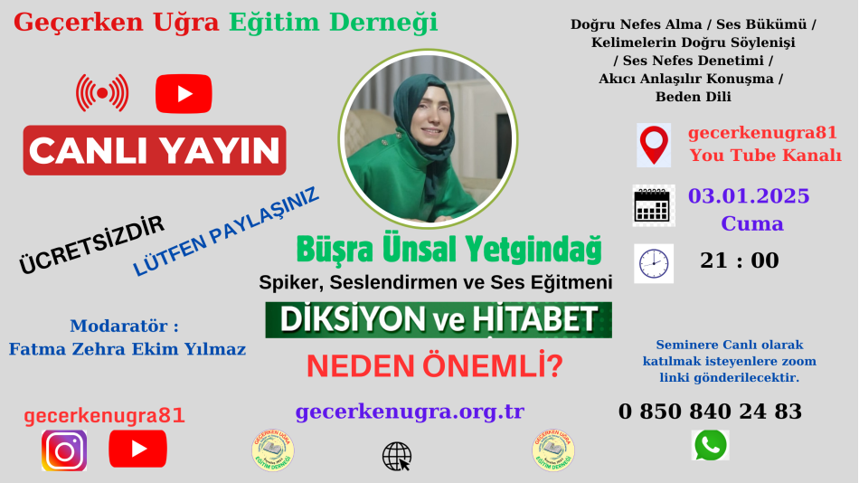 Spiker, Seslendirmen ve Ses Eğitmeni Büşra Ünsal Yetkindağ İle "DİKSİYON VE HİTABET'İN NEDEN ÖNEMLİ" olduğunu konuşacağımız söyleşi tarzında seminerimize bekliyoruz. 02.01.2025 Perşembe günü Saat 21:00'da gecerkenugra81 You Tube kanalımızda canlı yayın ile sizlerle.