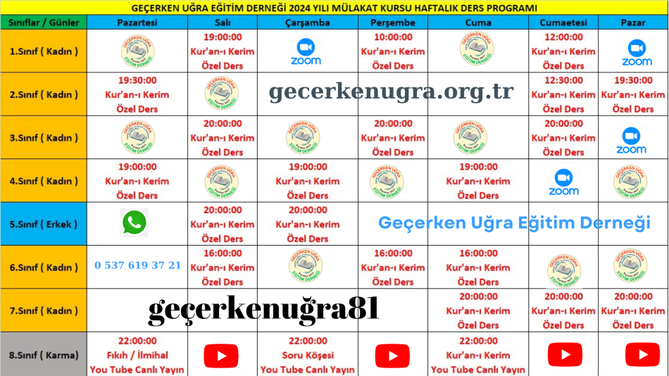 GEÇERKEN UĞRA EĞİTİM DERNEĞİ 2024 YILI MÜLAKAT KURSU HAFTALIK DERS PROGRAMI