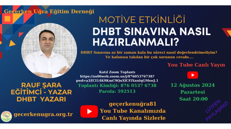 DHBT YAZARI RAUF ŞARA İLE DHBT ÜZERİNE YAPACAĞIMIZ SÖYLEŞİYE DAVETLİSİNİZ. 12.08.2024 PAZARTESİ SAAT:20:00’ GEÇERKENUĞRA81 YOU TUBE KANALIMIZDA