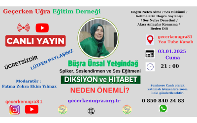 Spiker, Seslendirmen ve Ses Eğitmeni Büşra Ünsal Yetkindağ İle "DİKSİYON VE HİTABET'İN NEDEN ÖNEMLİ" olduğunu konuşacağımız söyleşi tarzında seminerimize bekliyoruz. 03.02.2025 Cuma günü Saat 21:00'da gecerkenugra81 You Tube kanalımızda canlı yayın ile sizlerle.