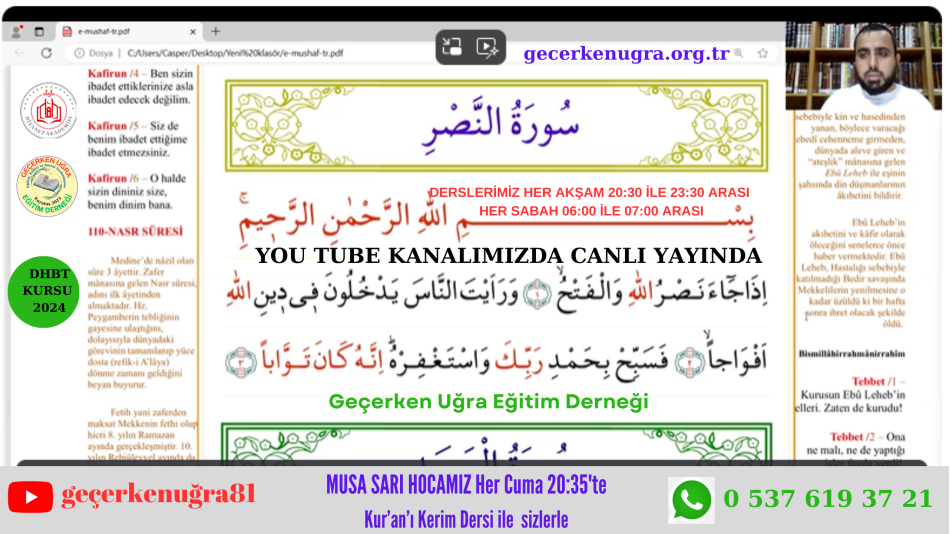 DHBT KURSUMUZDA MUSA SARI HOCAMIZ KUR’AN-I KERİM DERSİ İLE HER CUMA 20:30'DA YOU TUBE CANLI YAYINI İLE SİZLERLE