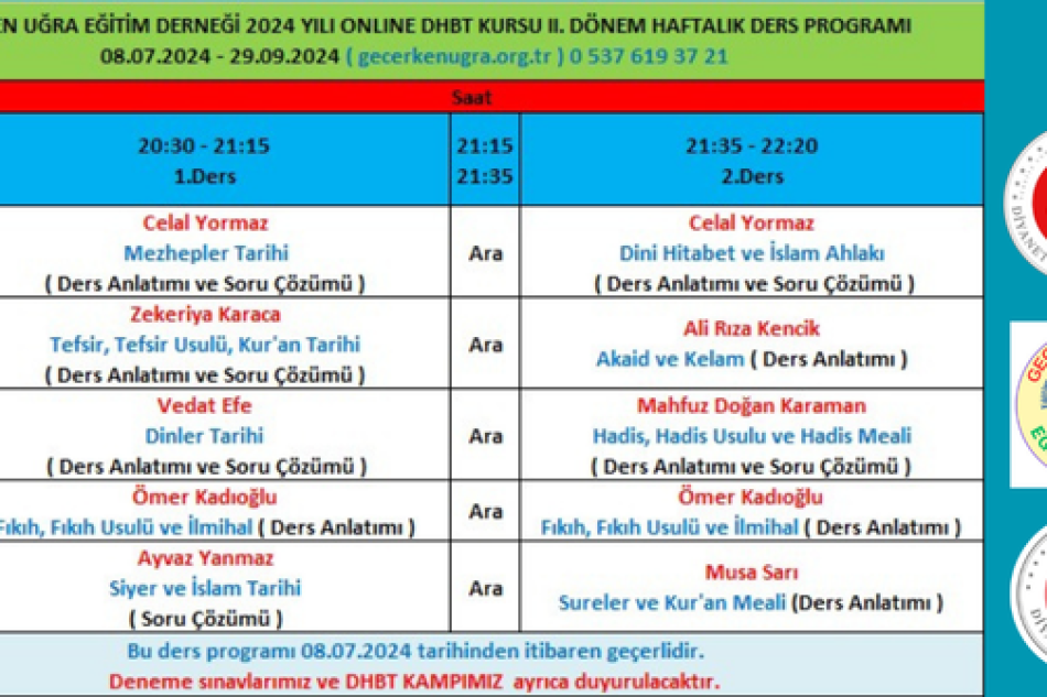 GEÇERKEN UĞRA EĞİTİM DERNEĞİ 2024 YILI ONLINE DHBT KURSU II. DÖNEM HAFTALIK DERS PROGRAMI 
