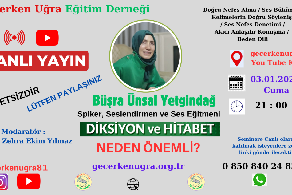 Spiker, Seslendirmen ve Ses Eğitmeni Büşra Ünsal Yetkindağ İle "DİKSİYON VE HİTABET'İN NEDEN ÖNEMLİ" olduğunu konuşacağımız söyleşi tarzında seminerimize bekliyoruz. 03.02.2025 Cuma günü Saat 21:00'da gecerkenugra81 You Tube kanalımızda canlı yayın ile sizlerle.